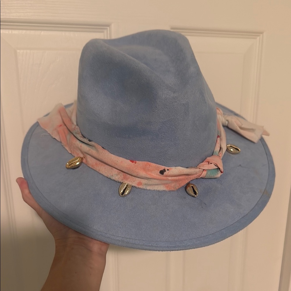 Blue Fedora Hat with Shell Accents